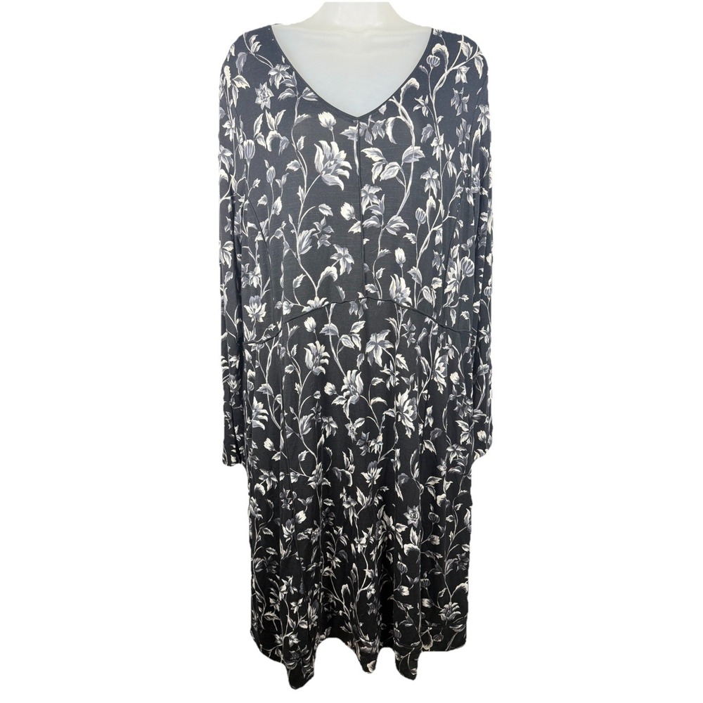 J. Jill Womens Cottagecore Black White Floral Midi Dress Long Sleeve L Tall